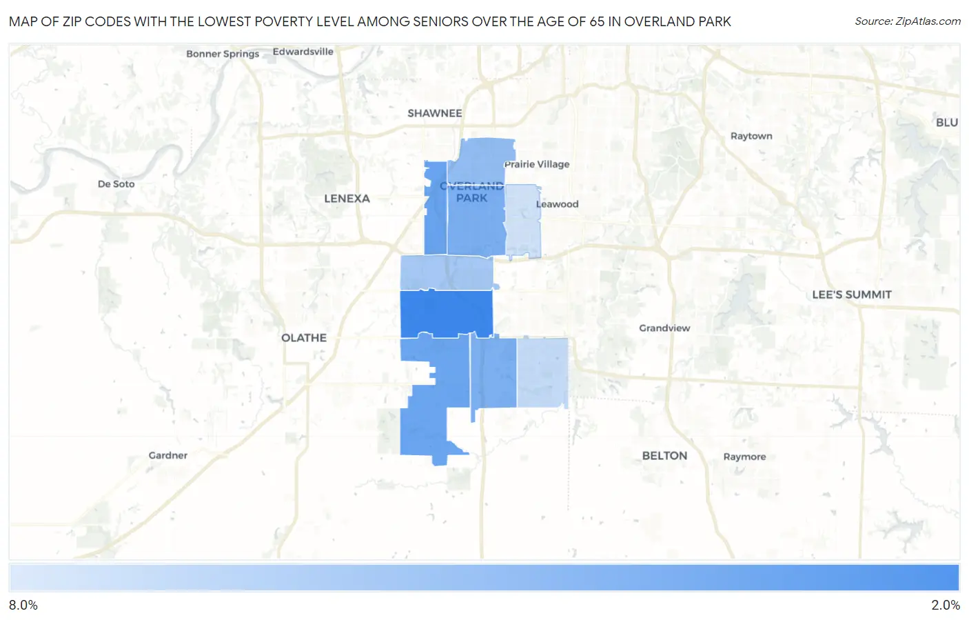 Zip Codes with the Lowest Poverty Level Among Seniors Over the Age of 65 in Overland Park Map