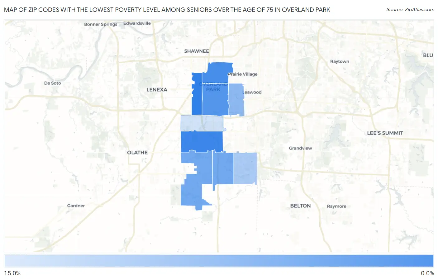 Zip Codes with the Lowest Poverty Level Among Seniors Over the Age of 75 in Overland Park Map