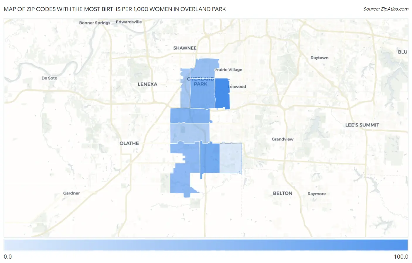 Zip Codes with the Most Births per 1,000 Women in Overland Park Map