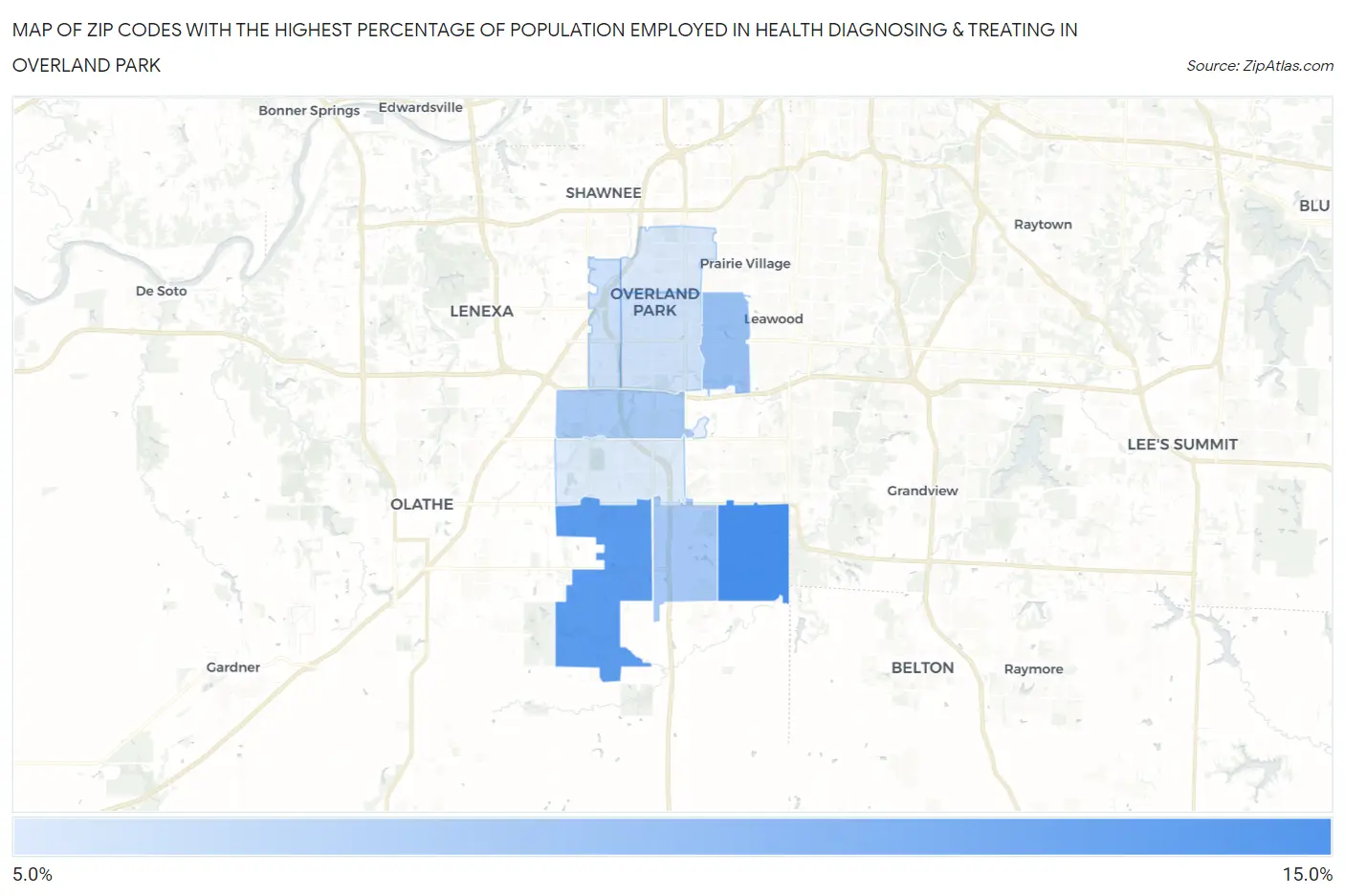Zip Codes with the Highest Percentage of Population Employed in Health Diagnosing & Treating in Overland Park Map