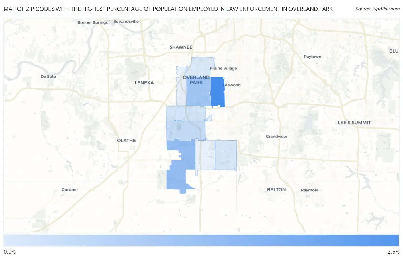 Zip Codes with the Highest Percentage of Population Employed in Law Enforcement in Overland Park Map