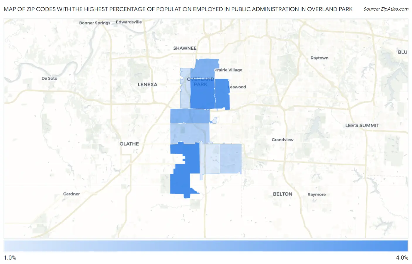 Zip Codes with the Highest Percentage of Population Employed in Public Administration in Overland Park Map