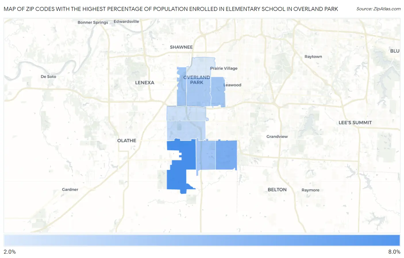 Zip Codes with the Highest Percentage of Population Enrolled in Elementary School in Overland Park Map