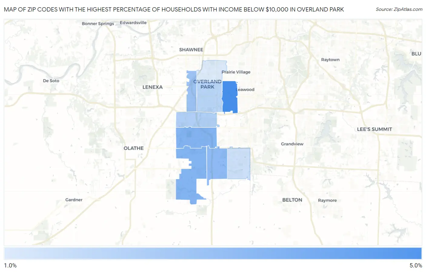 Zip Codes with the Highest Percentage of Households with Income Below $10,000 in Overland Park Map