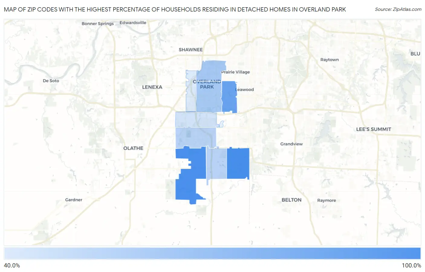 Zip Codes with the Highest Percentage of Households Residing in Detached Homes in Overland Park Map