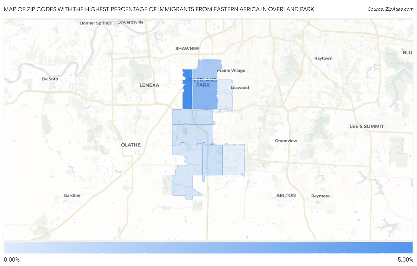 Zip Codes with the Highest Percentage of Immigrants from Eastern Africa in Overland Park Map