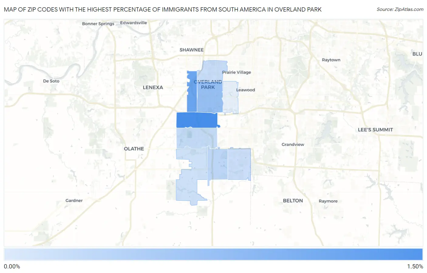 Zip Codes with the Highest Percentage of Immigrants from South America in Overland Park Map