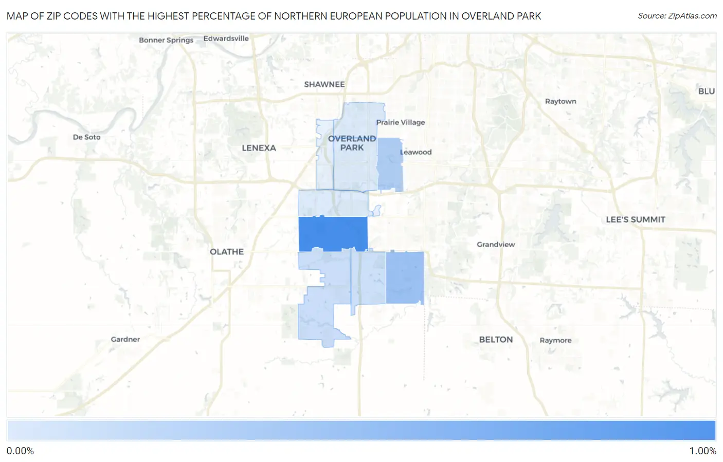 Zip Codes with the Highest Percentage of Northern European Population in Overland Park Map