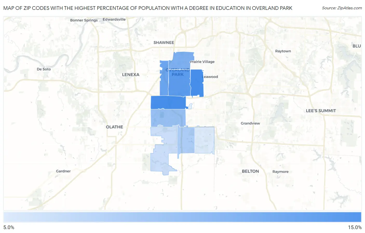 Zip Codes with the Highest Percentage of Population with a Degree in Education in Overland Park Map