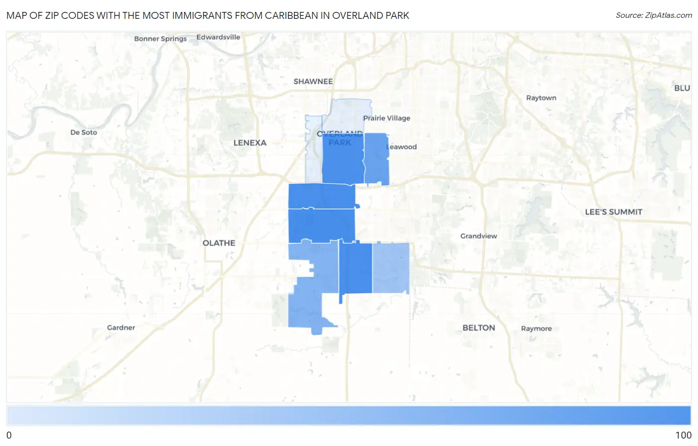Zip Codes with the Most Immigrants from Caribbean in Overland Park Map