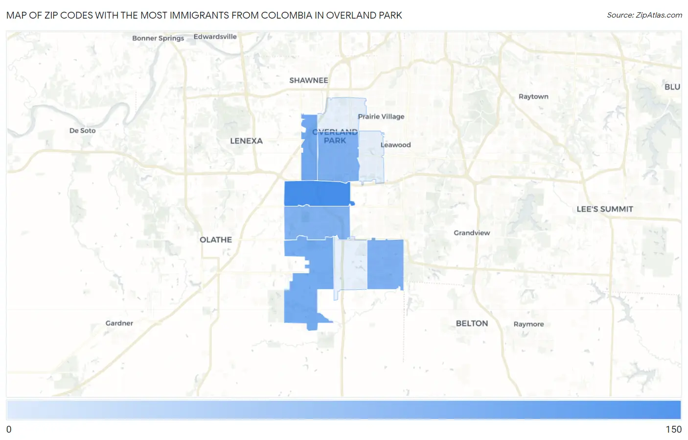 Zip Codes with the Most Immigrants from Colombia in Overland Park Map