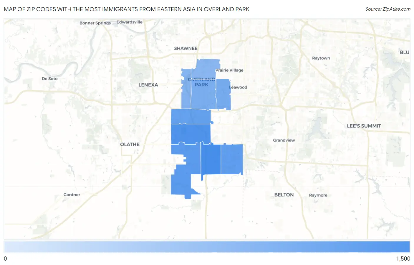 Zip Codes with the Most Immigrants from Eastern Asia in Overland Park Map