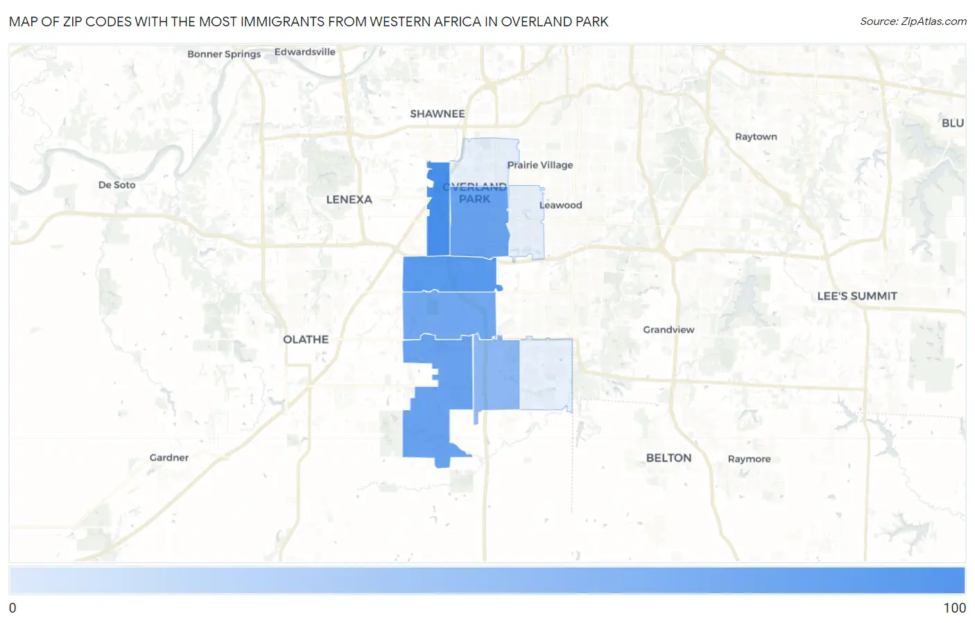Zip Codes with the Most Immigrants from Western Africa in Overland Park Map