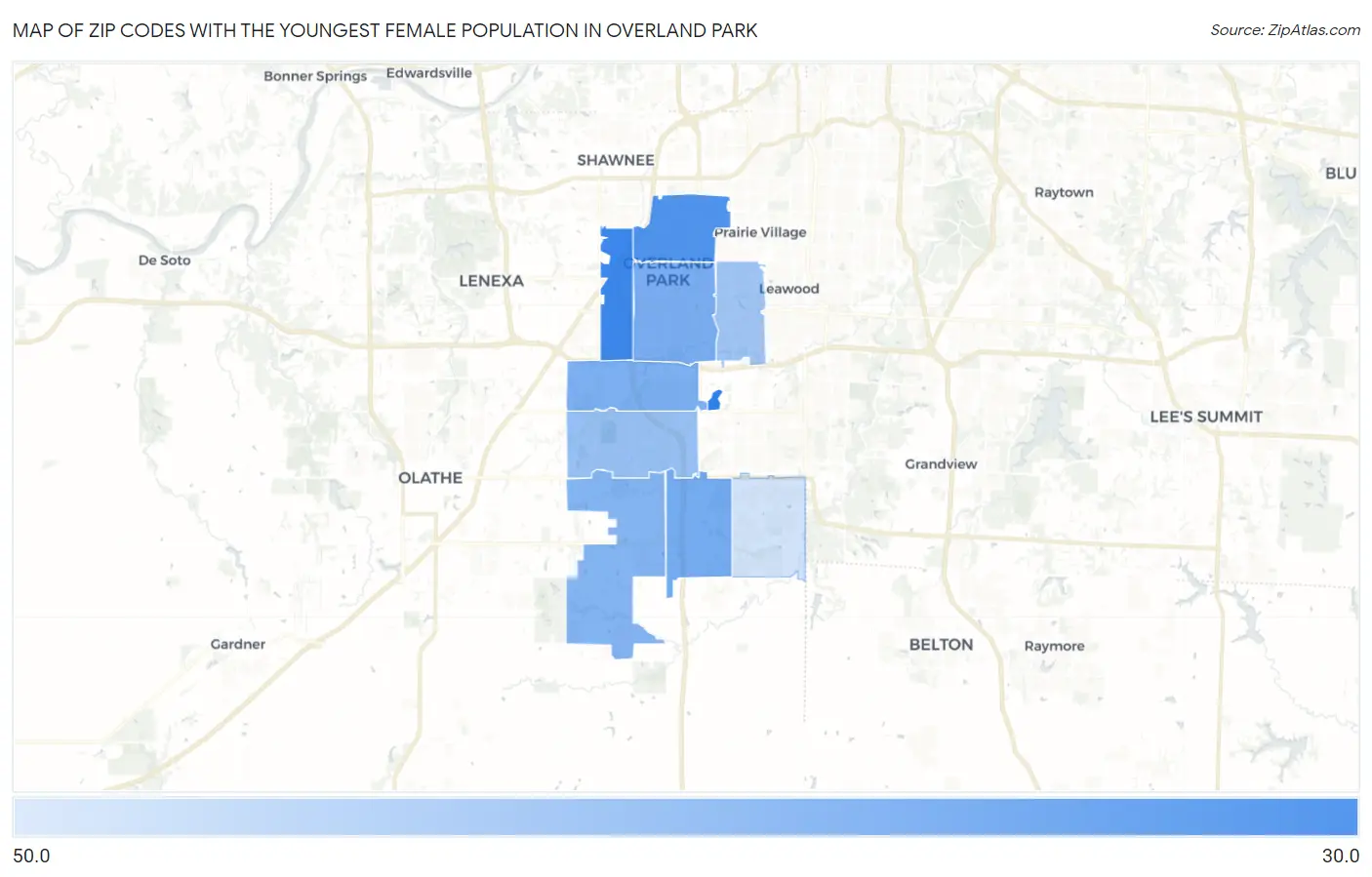 Zip Codes with the Youngest Female Population in Overland Park Map