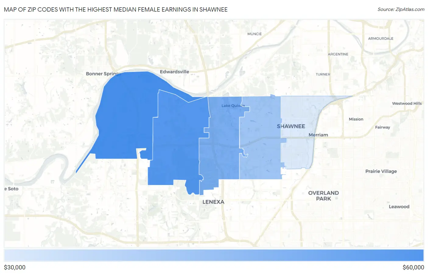 Zip Codes with the Highest Median Female Earnings in Shawnee Map