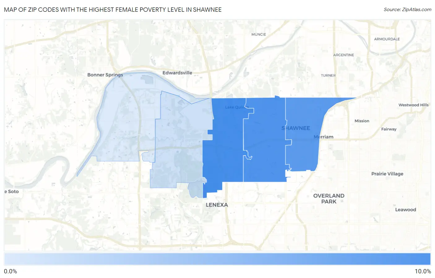 Zip Codes with the Highest Female Poverty Level in Shawnee Map