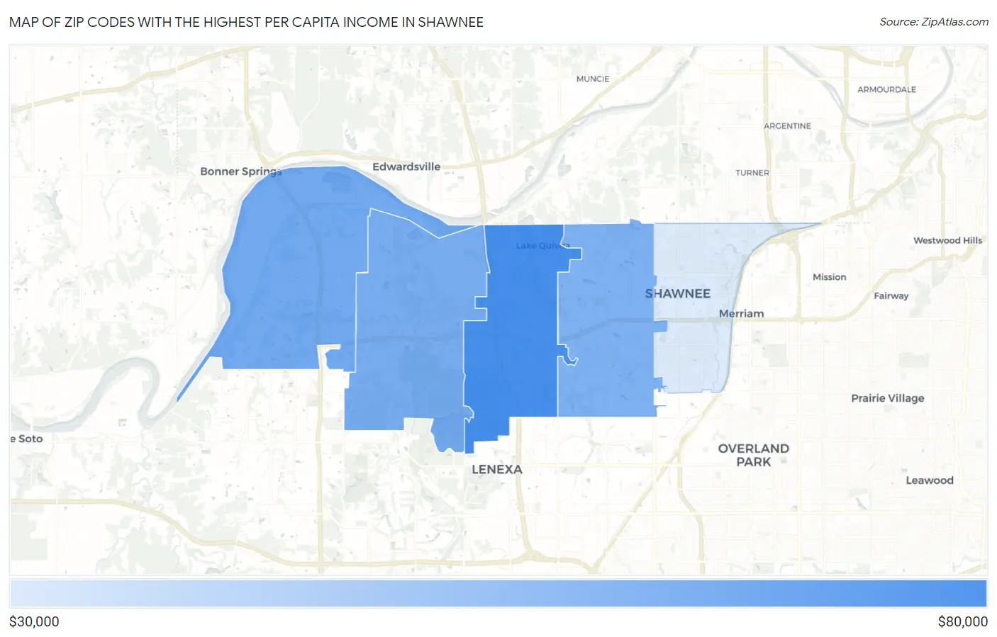 Zip Codes with the Highest Per Capita Income in Shawnee Map
