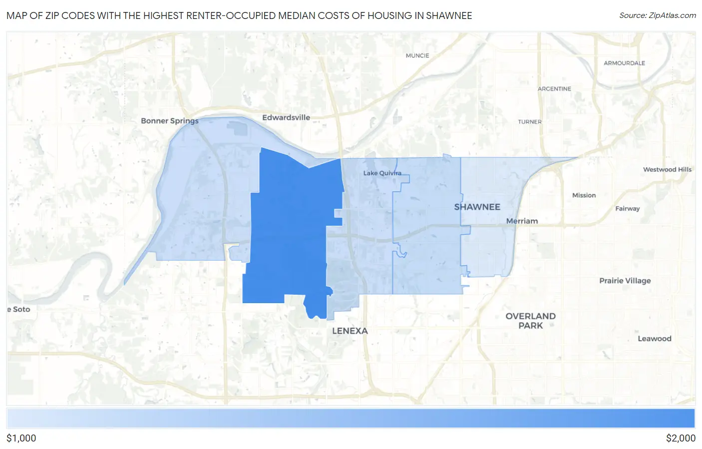 Zip Codes with the Highest Renter-Occupied Median Costs of Housing in Shawnee Map