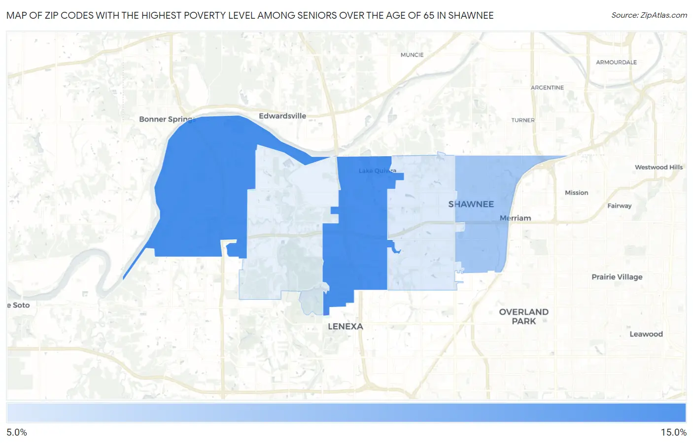 Zip Codes with the Highest Poverty Level Among Seniors Over the Age of 65 in Shawnee Map