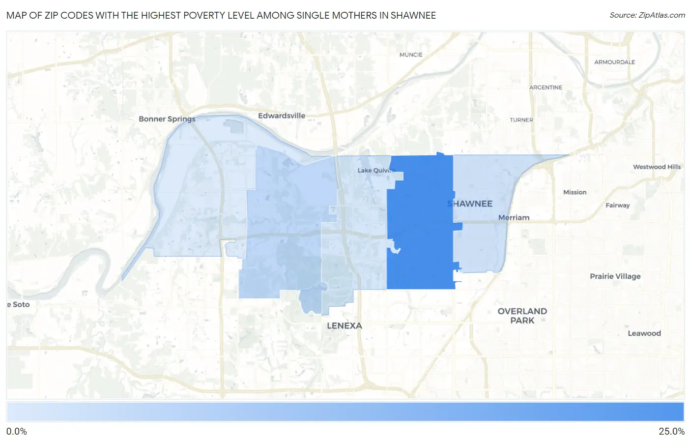 Zip Codes with the Highest Poverty Level Among Single Mothers in Shawnee Map