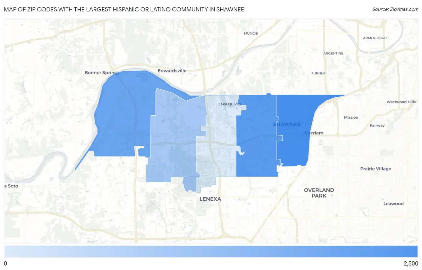 Zip Codes with the Largest Hispanic or Latino Community in Shawnee Map