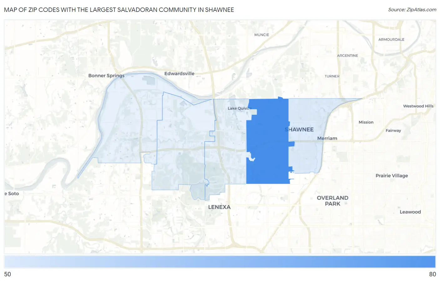 Zip Codes with the Largest Salvadoran Community in Shawnee Map
