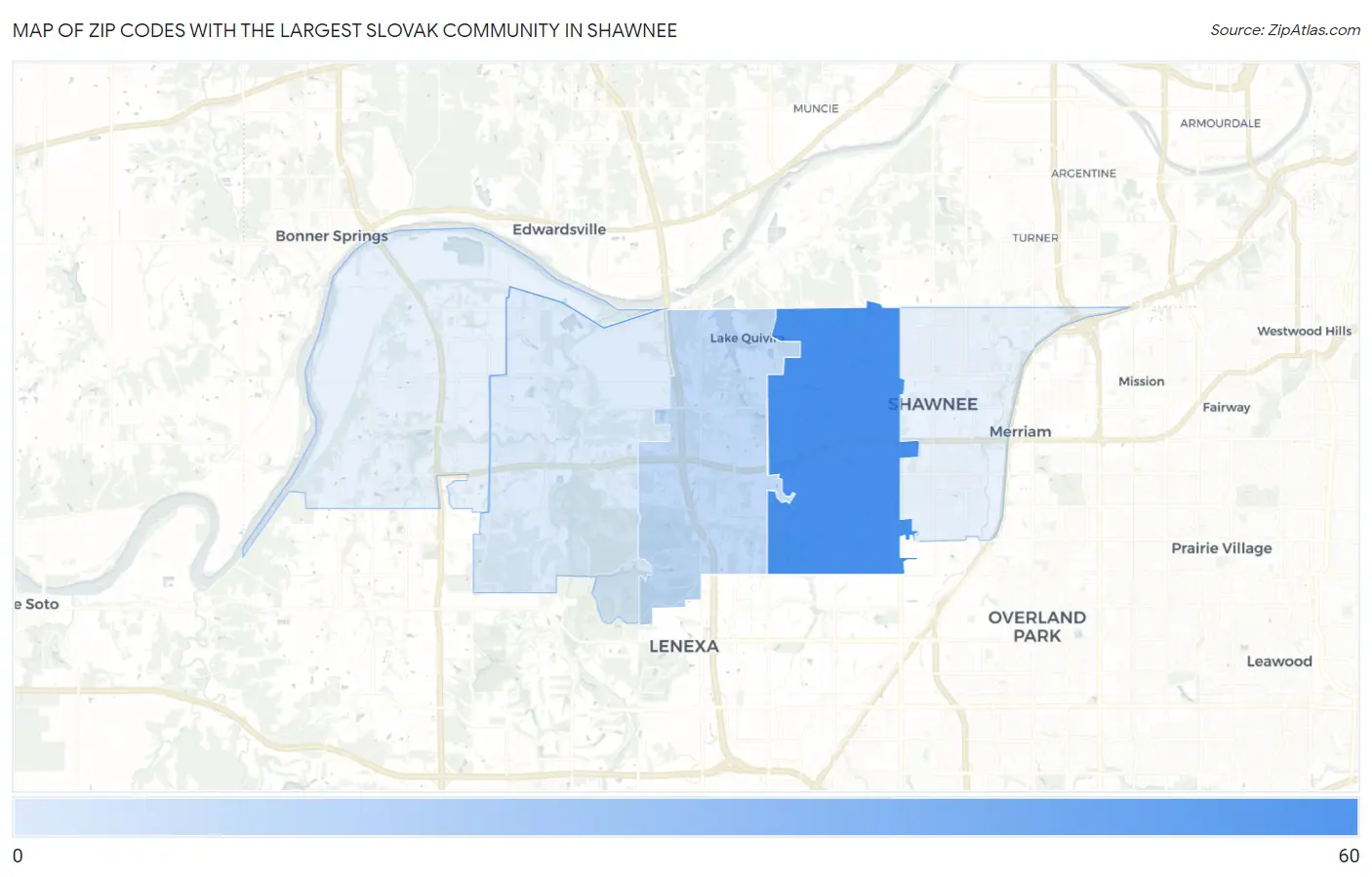 Zip Codes with the Largest Slovak Community in Shawnee Map