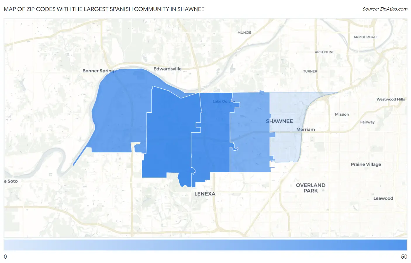 Zip Codes with the Largest Spanish Community in Shawnee Map