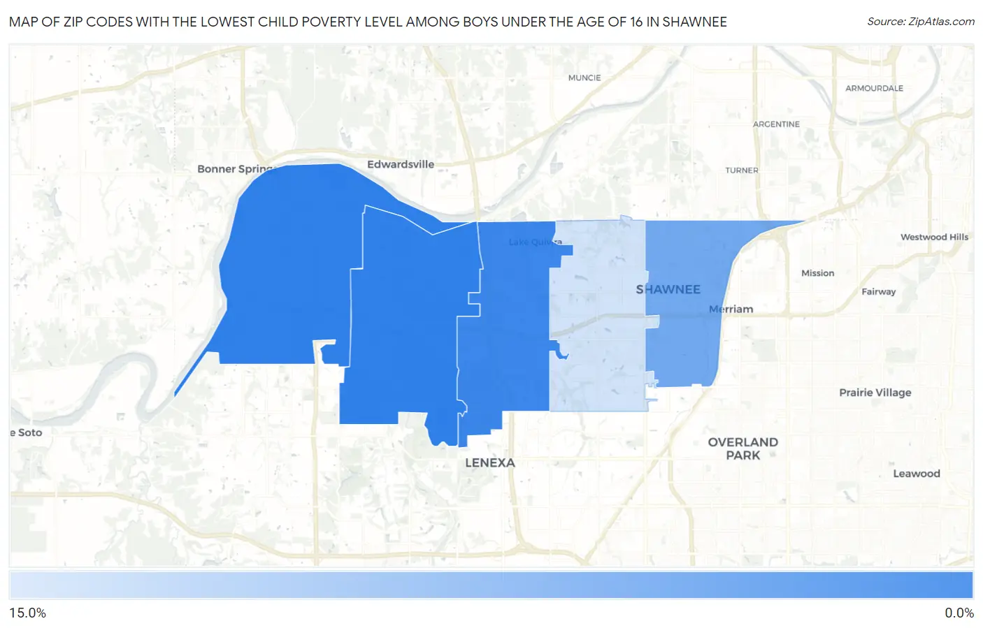 Zip Codes with the Lowest Child Poverty Level Among Boys Under the Age of 16 in Shawnee Map