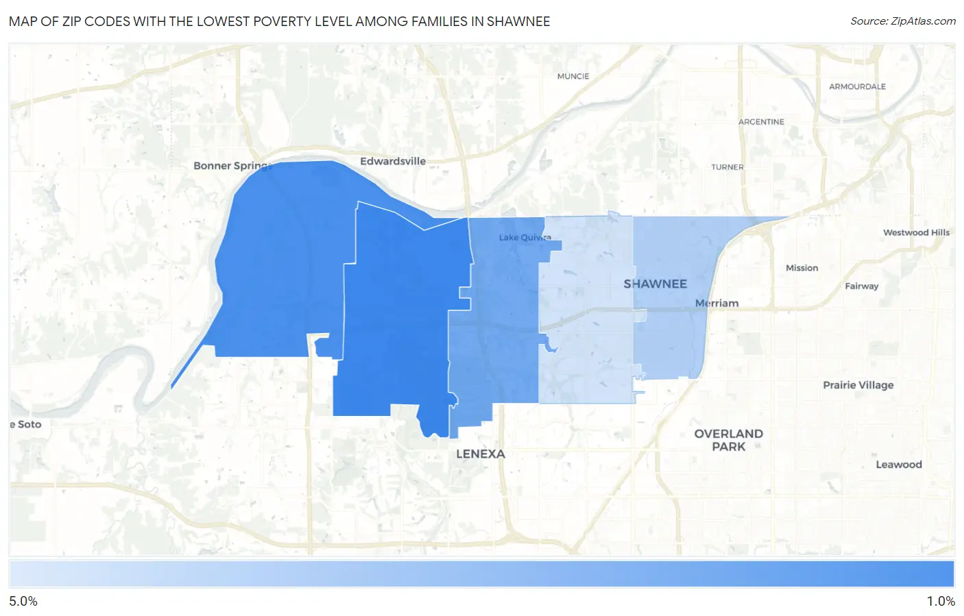 Zip Codes with the Lowest Poverty Level Among Families in Shawnee Map