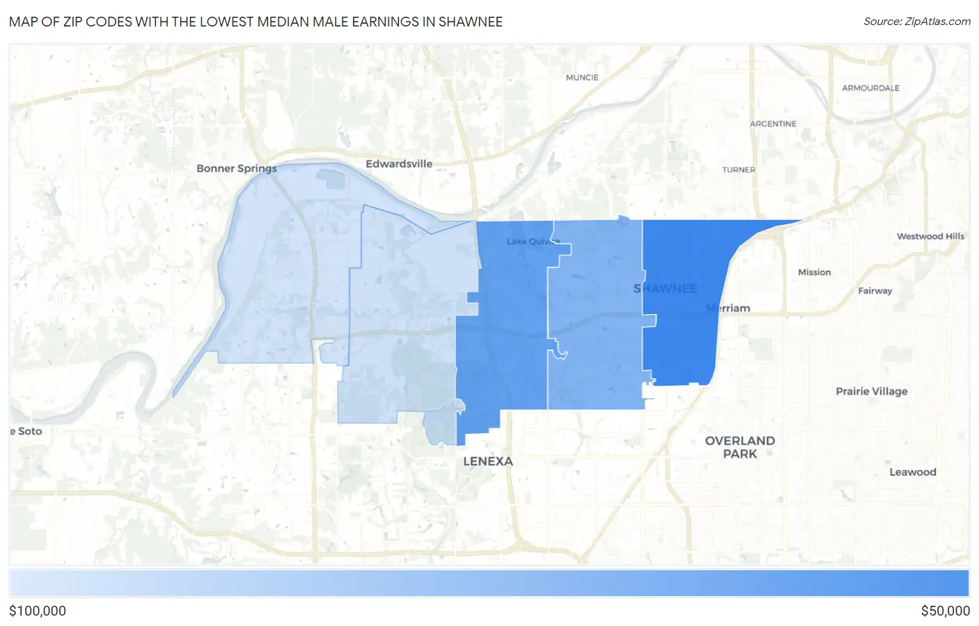 Zip Codes with the Lowest Median Male Earnings in Shawnee Map