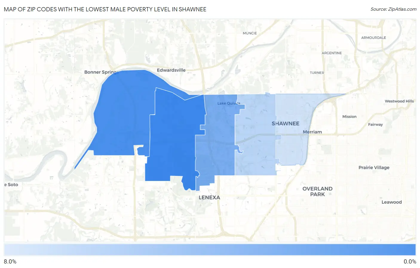 Zip Codes with the Lowest Male Poverty Level in Shawnee Map