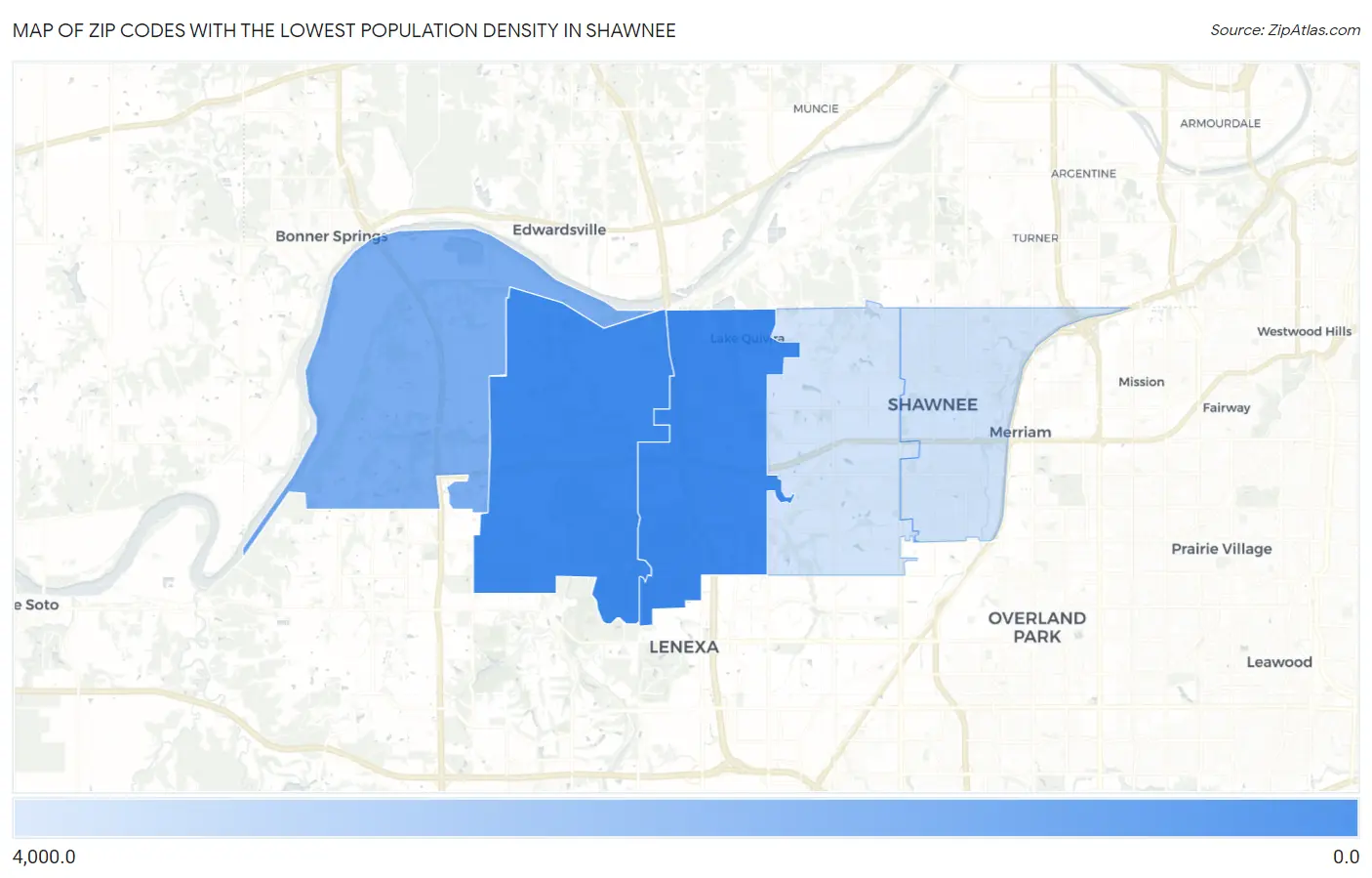 Zip Codes with the Lowest Population Density in Shawnee Map