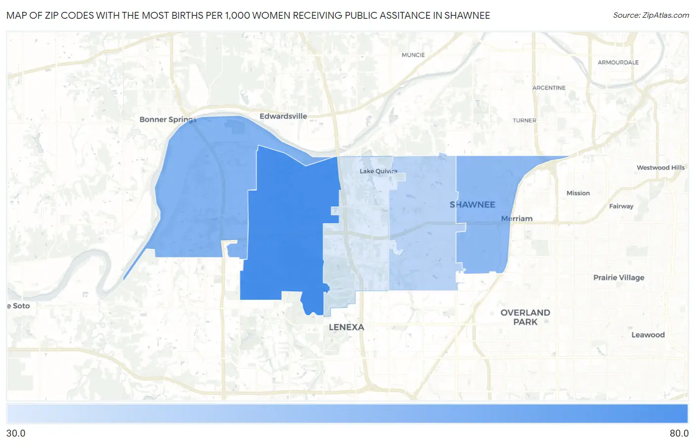 Zip Codes with the Most Births per 1,000 Women Receiving Public Assitance in Shawnee Map
