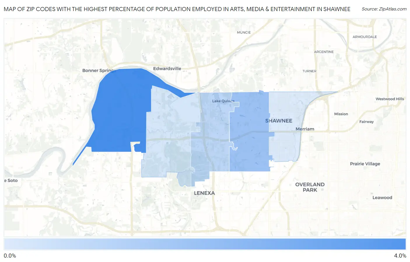 Zip Codes with the Highest Percentage of Population Employed in Arts, Media & Entertainment in Shawnee Map