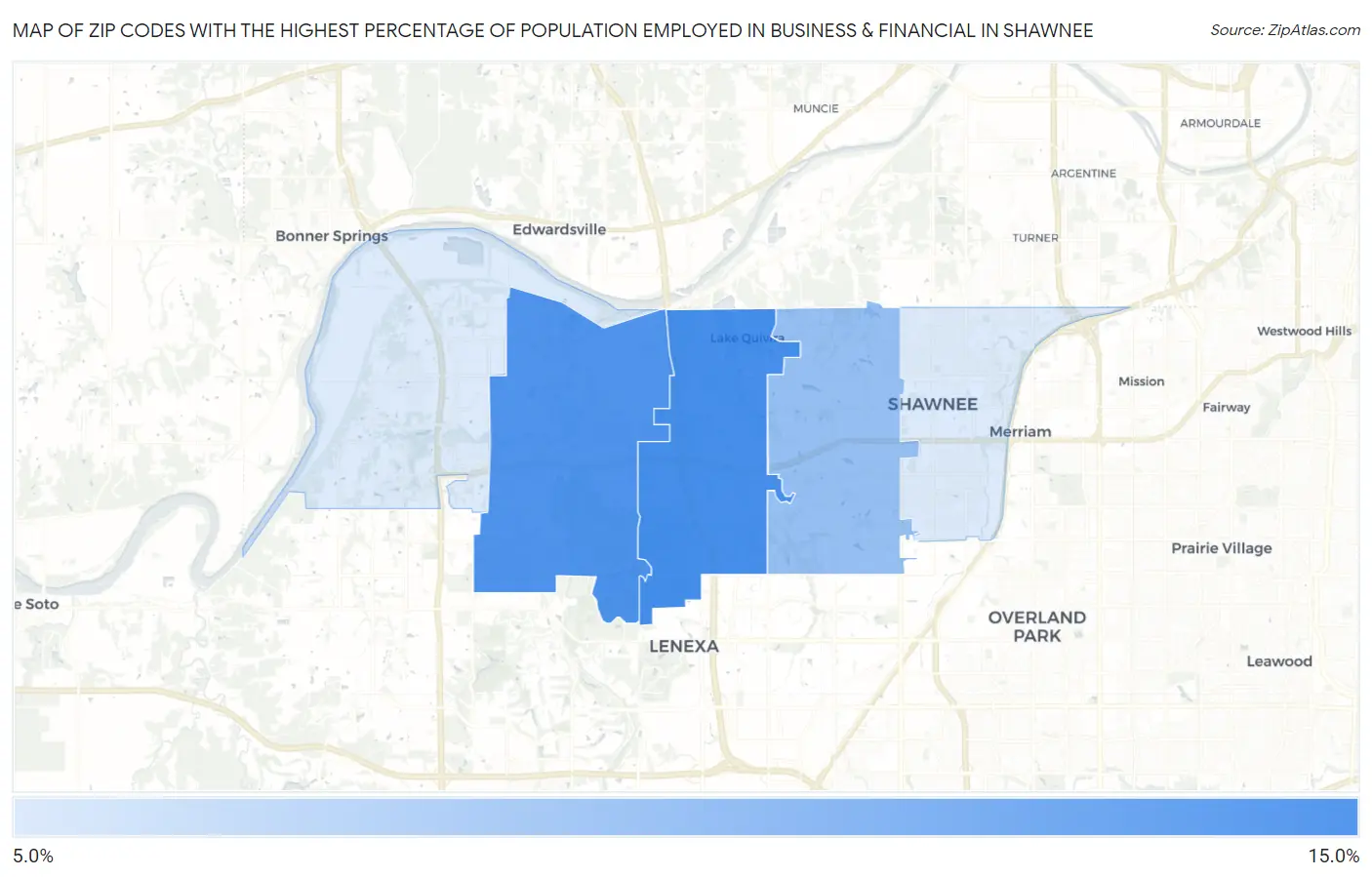 Zip Codes with the Highest Percentage of Population Employed in Business & Financial in Shawnee Map