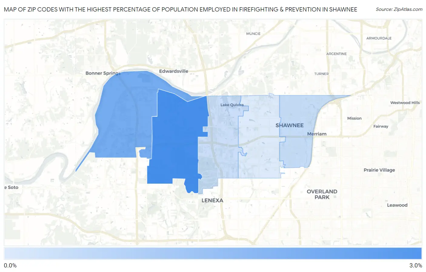 Zip Codes with the Highest Percentage of Population Employed in Firefighting & Prevention in Shawnee Map