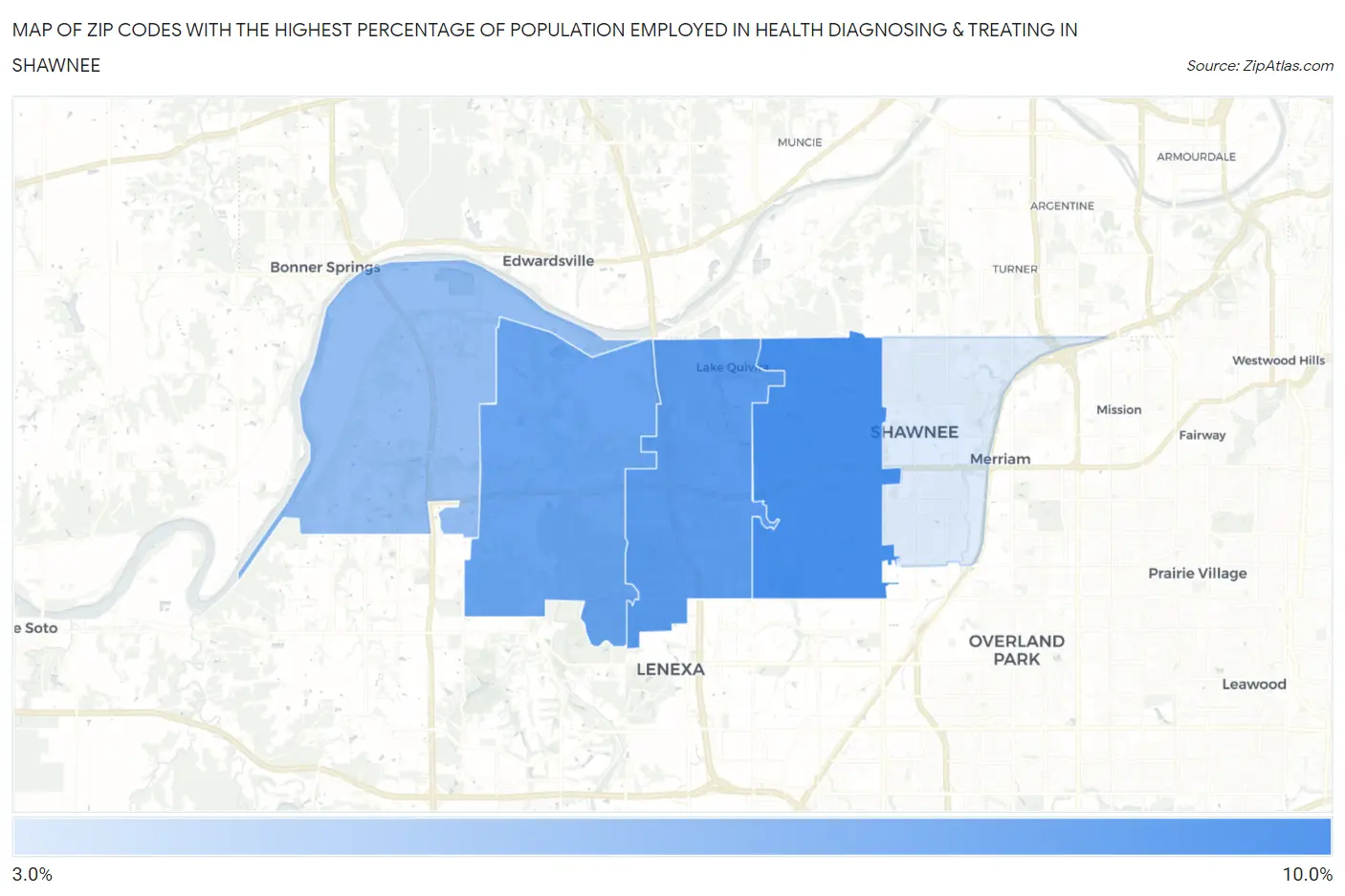 Zip Codes with the Highest Percentage of Population Employed in Health Diagnosing & Treating in Shawnee Map