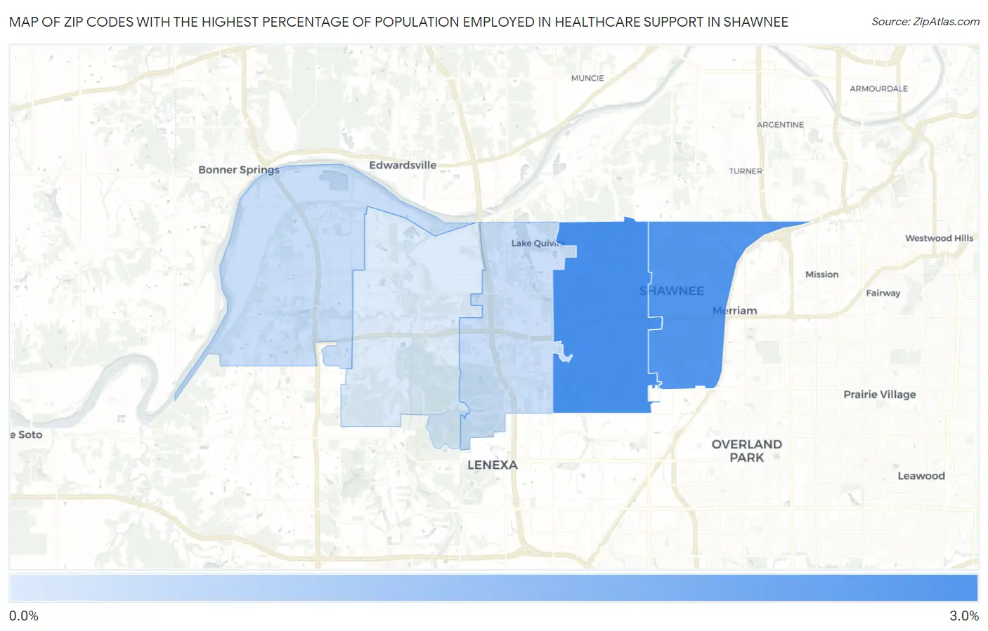 Zip Codes with the Highest Percentage of Population Employed in Healthcare Support in Shawnee Map