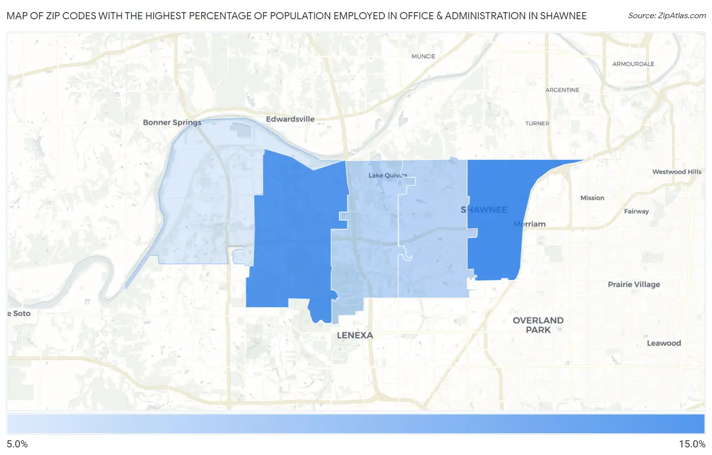 Zip Codes with the Highest Percentage of Population Employed in Office & Administration in Shawnee Map