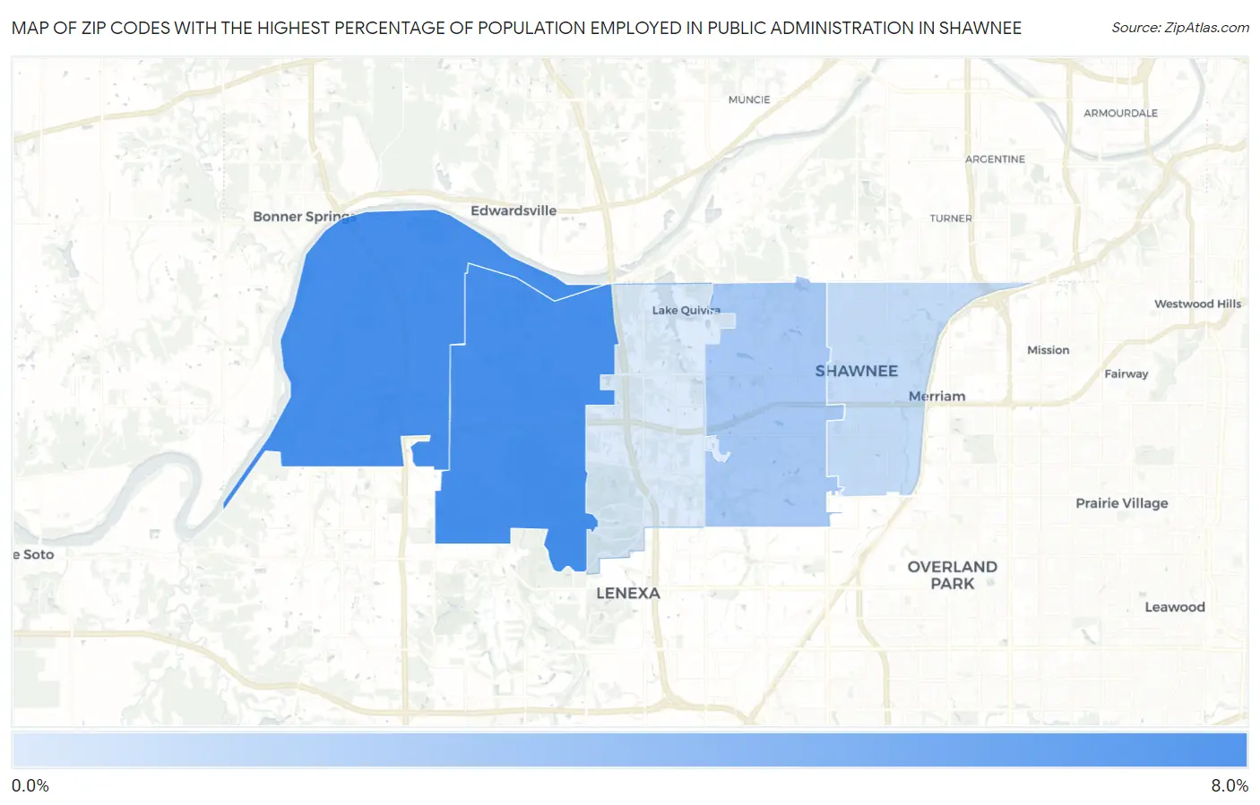 Zip Codes with the Highest Percentage of Population Employed in Public Administration in Shawnee Map