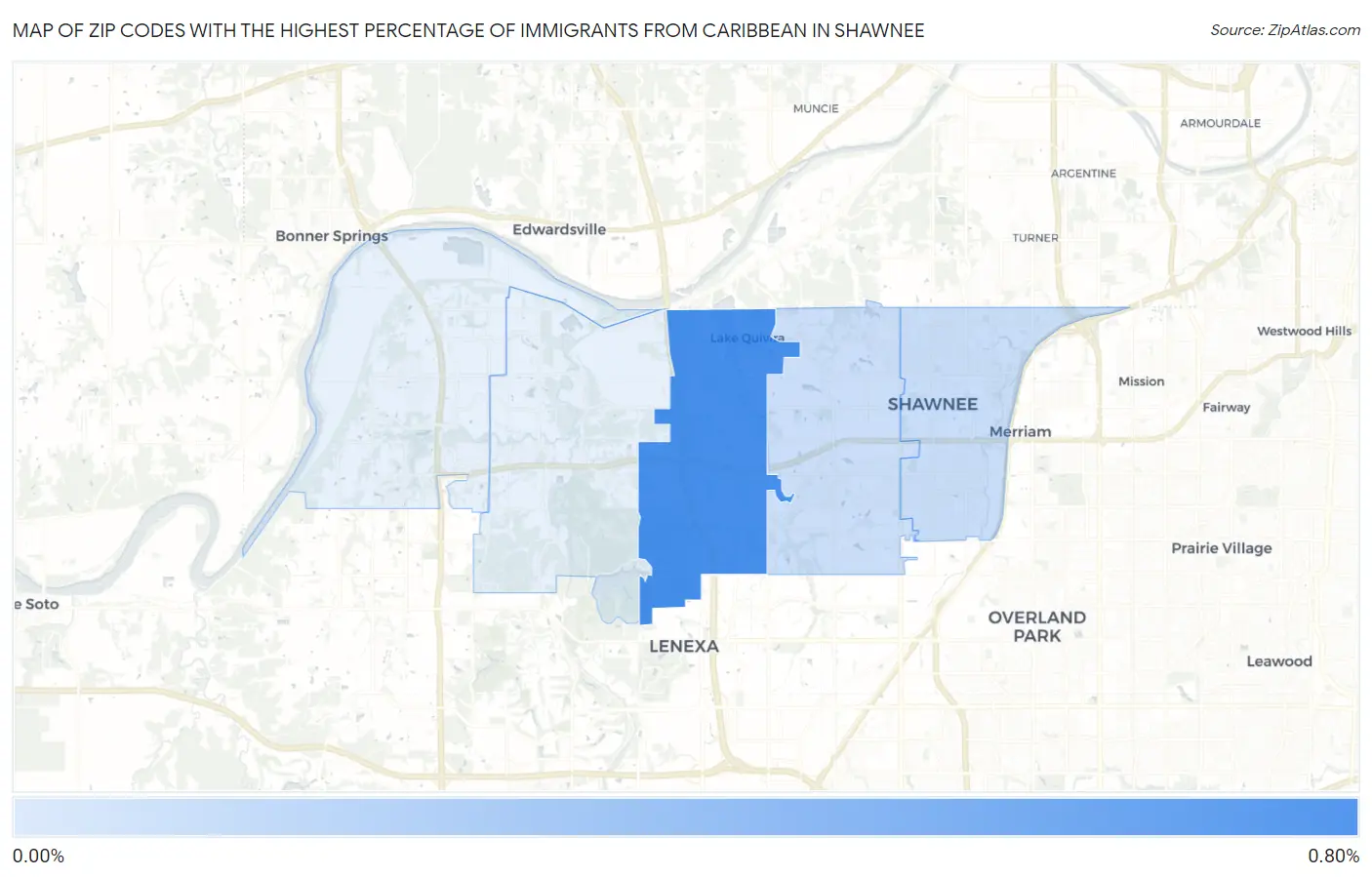 Zip Codes with the Highest Percentage of Immigrants from Caribbean in Shawnee Map