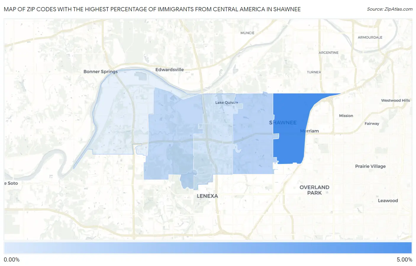 Zip Codes with the Highest Percentage of Immigrants from Central America in Shawnee Map