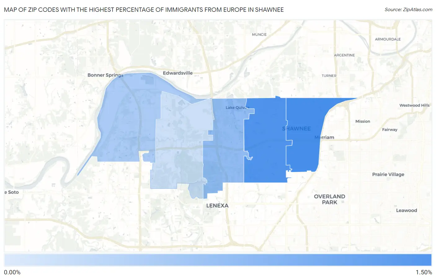 Zip Codes with the Highest Percentage of Immigrants from Europe in Shawnee Map