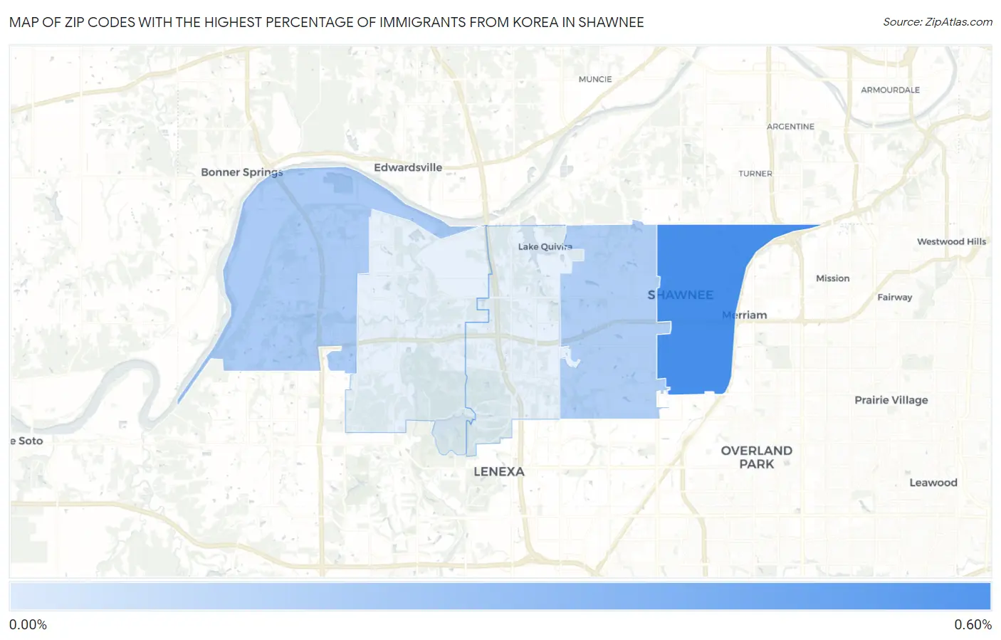 Zip Codes with the Highest Percentage of Immigrants from Korea in Shawnee Map