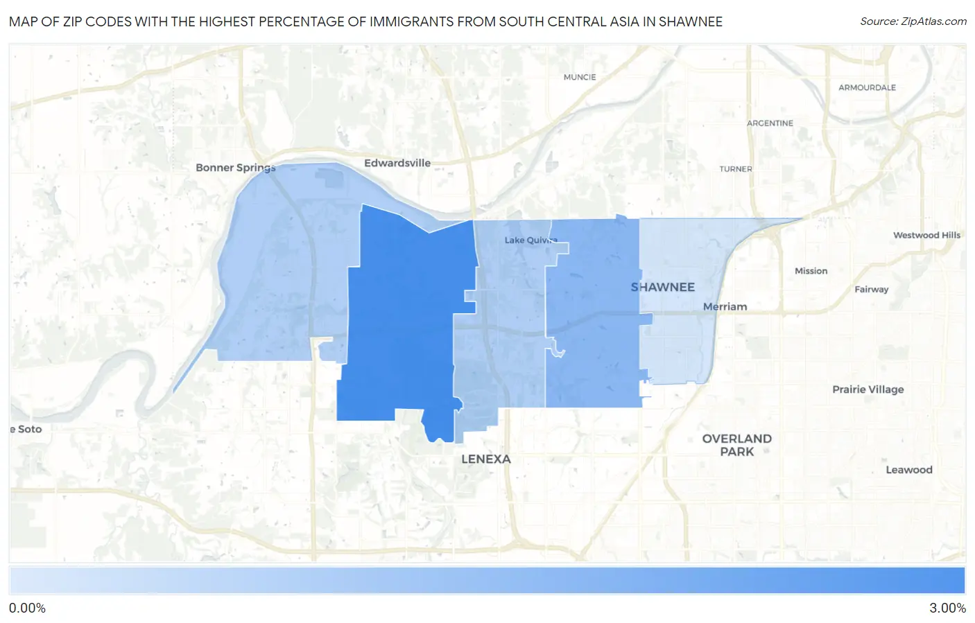 Zip Codes with the Highest Percentage of Immigrants from South Central Asia in Shawnee Map
