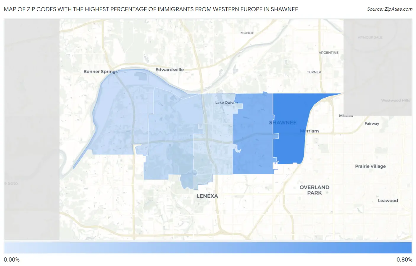 Zip Codes with the Highest Percentage of Immigrants from Western Europe in Shawnee Map