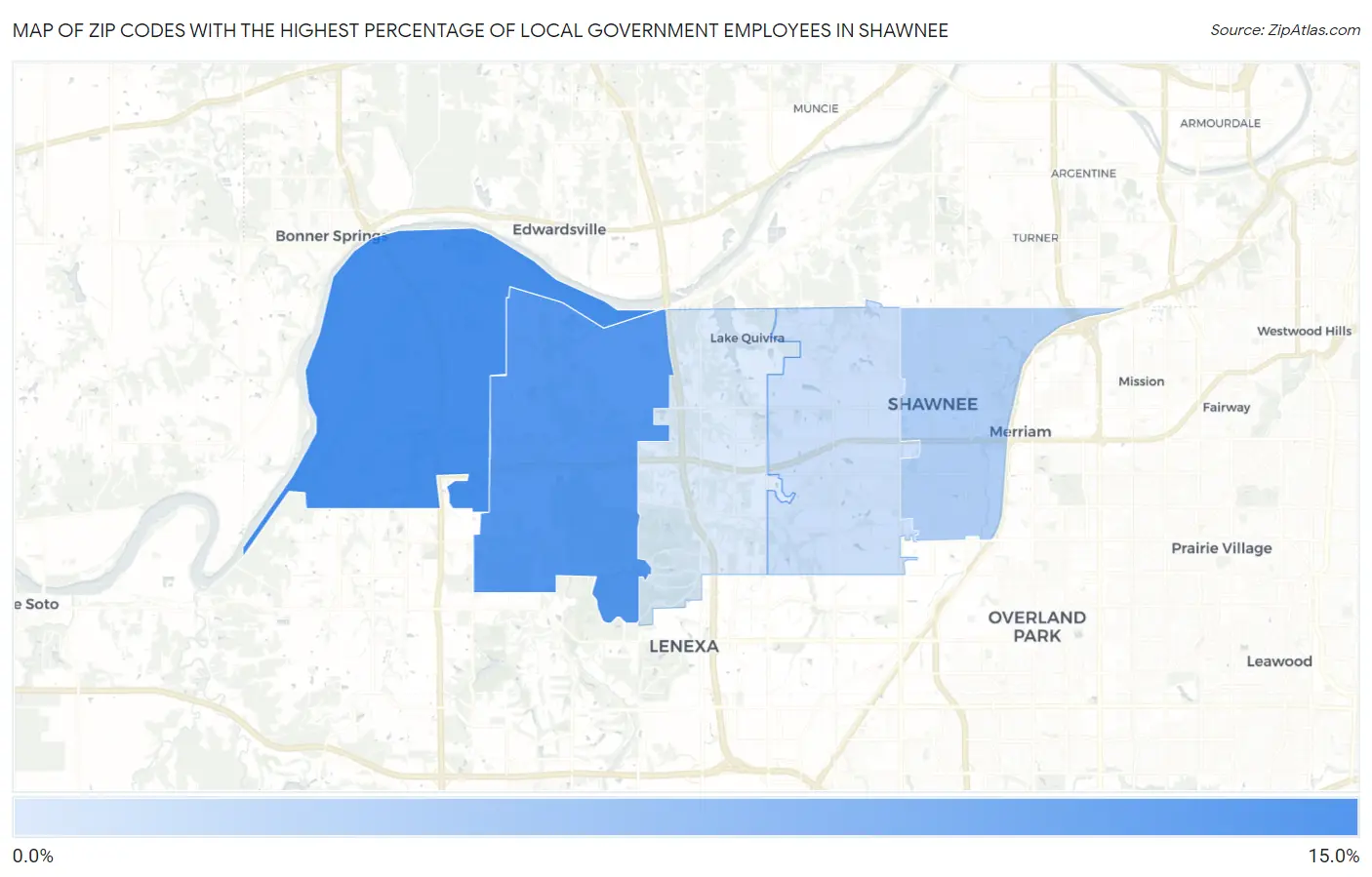 Zip Codes with the Highest Percentage of Local Government Employees in Shawnee Map