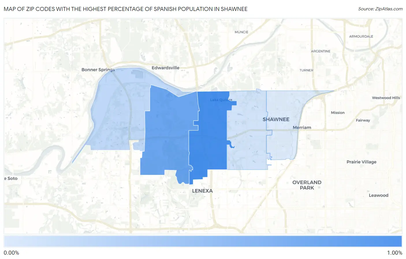 Zip Codes with the Highest Percentage of Spanish Population in Shawnee Map