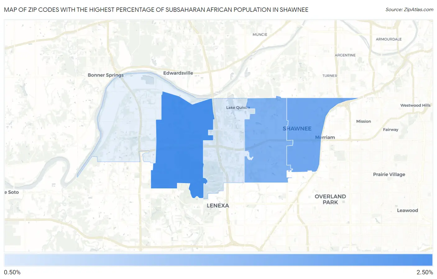 Zip Codes with the Highest Percentage of Subsaharan African Population in Shawnee Map